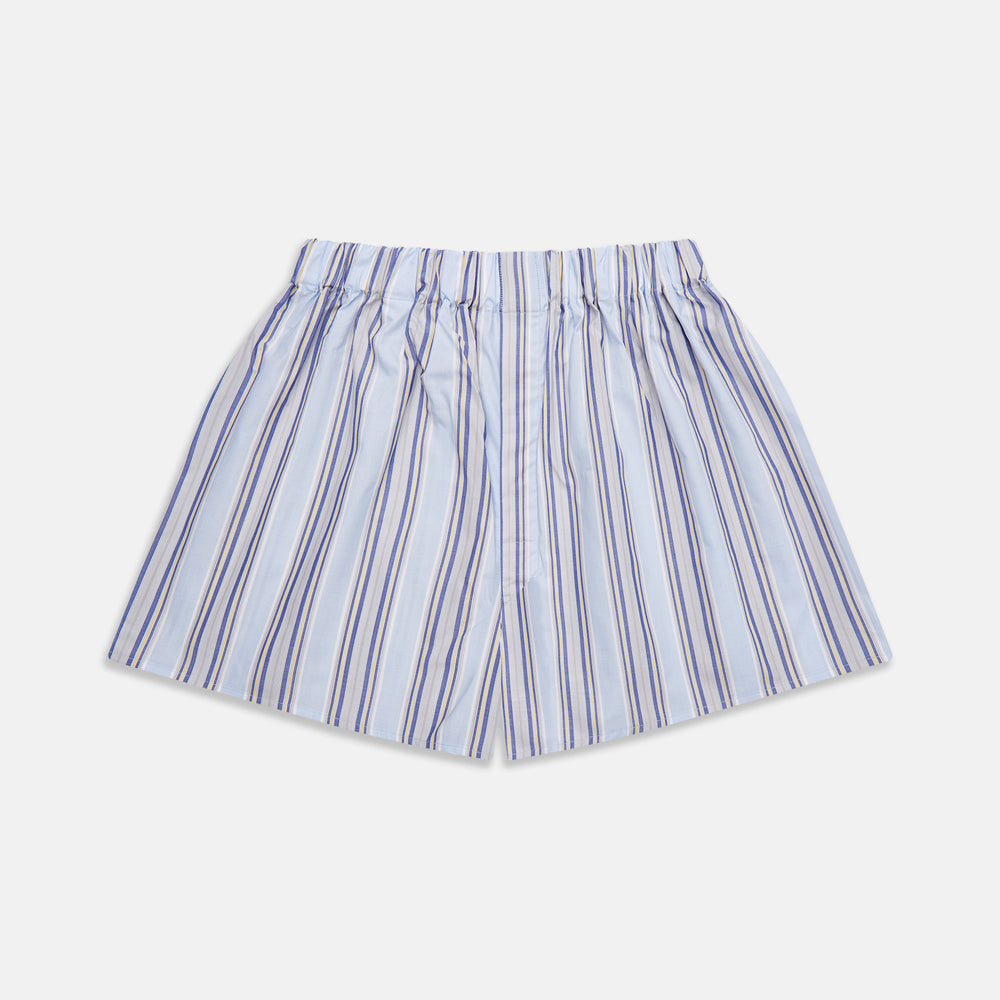 Pale Blue and Yellow Multi Stripe Cotton Godfrey Boxers by Turnbull & Asser, featuring a comfortable elastic waistband—luxury men's underwear essential. Displayed flat on a white background.
