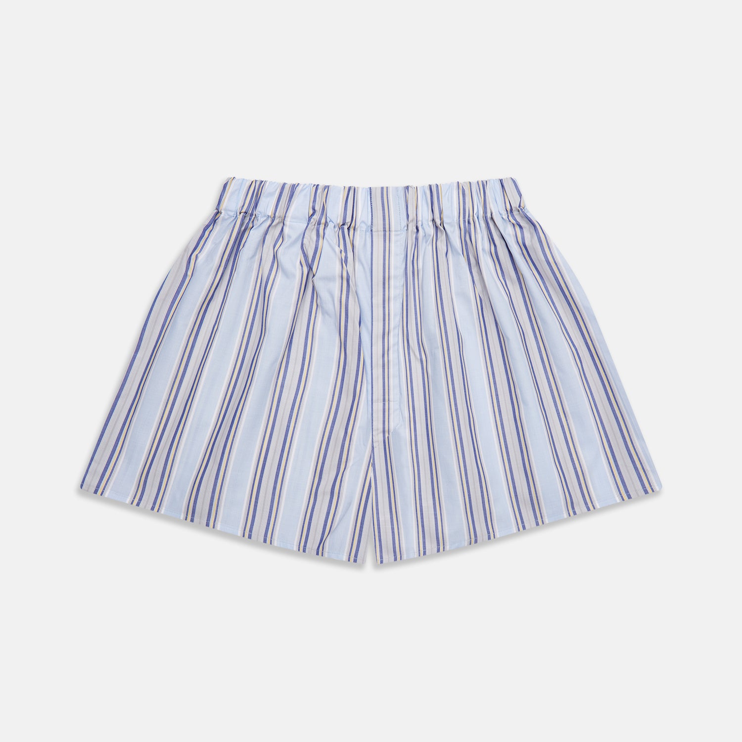 View 1 of product Pale Blue and Yellow Multi Stripe Cotton Godfrey Boxers by Turnbull & Asser, featuring a comfortable elastic waistband—luxury men's underwear essential. Displayed flat on a white background.