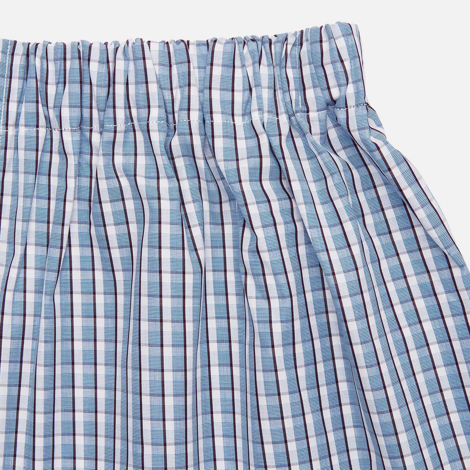 View 2 of product Turnbull & Asser Blue and White Check Cotton Godfrey Boxers displayed flat on a plain white background.
