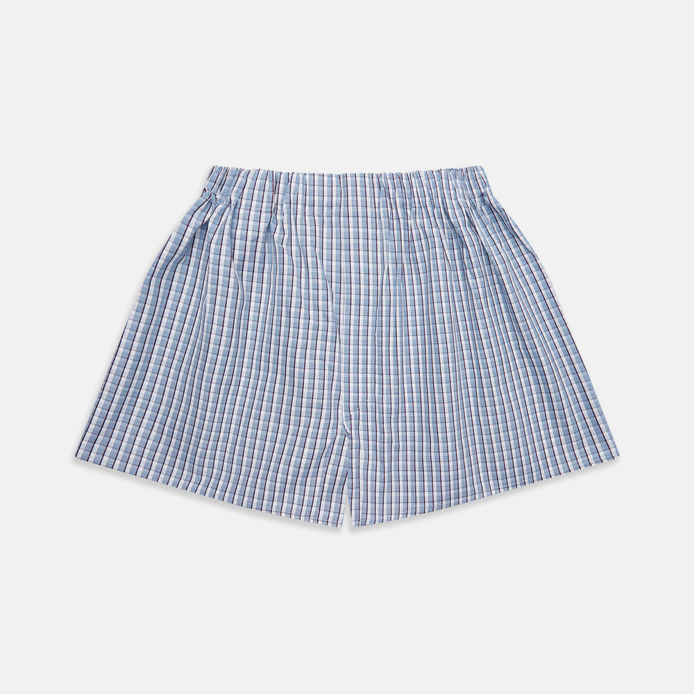 Turnbull & Asser Blue and White Check Cotton Godfrey Boxers displayed flat on a plain white background.