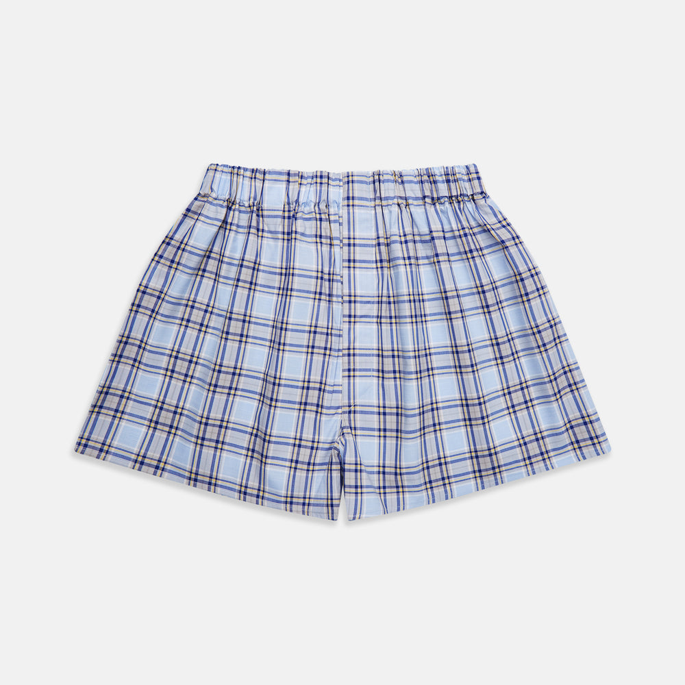 Pale Blue and Yellow Multi Check Cotton Godfrey Boxers by Turnbull & Asser, featuring a checkered pattern and elastic waistband, are displayed flat against a plain white background.