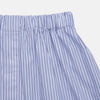 View 2 of product Turnbull & Asser's Blue and Navy Halo Stripe Cotton Godfrey Boxer Shorts feature thin vertical navy stripes on a light blue background with an elastic waistband—luxury sleepwear crafted for ultimate comfort.