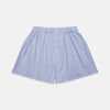 View 1 of product Turnbull & Asser's Blue and Navy Halo Stripe Cotton Godfrey Boxer Shorts feature thin vertical navy stripes on a light blue background with an elastic waistband—luxury sleepwear crafted for ultimate comfort.