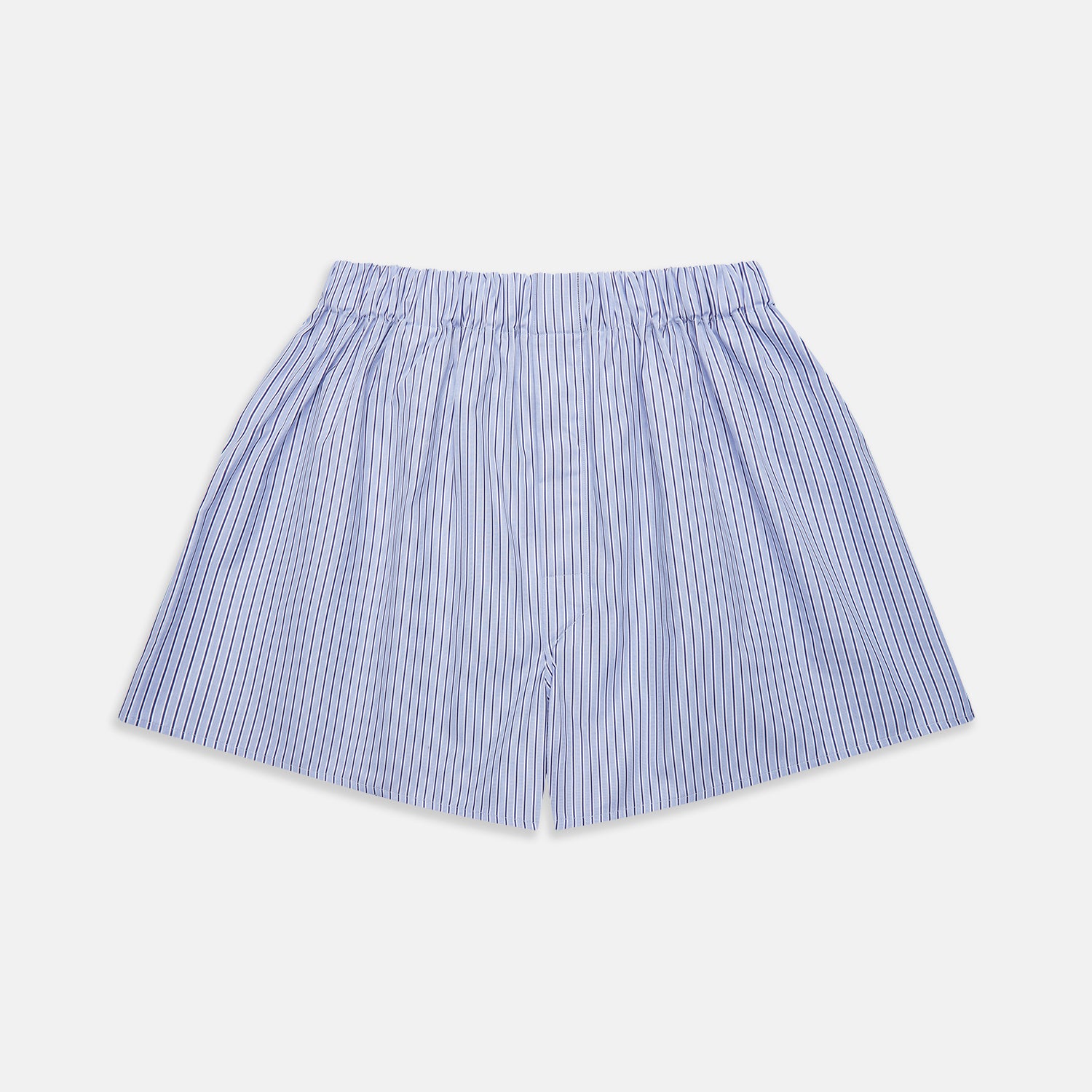 View 1 of product Turnbull & Asser's Blue and Navy Halo Stripe Cotton Godfrey Boxer Shorts feature thin vertical navy stripes on a light blue background with an elastic waistband—luxury sleepwear crafted for ultimate comfort.