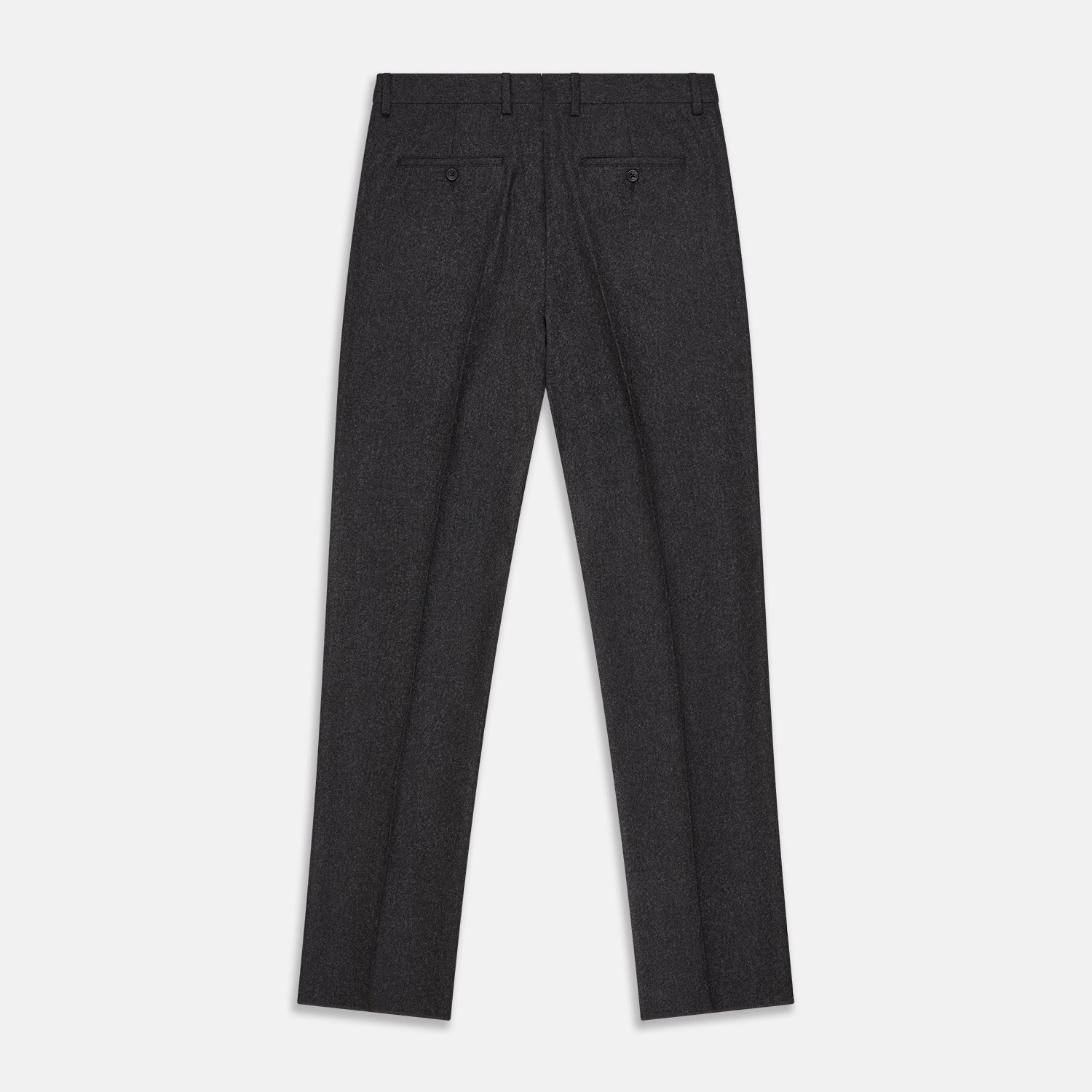 View 3 of product Turnbull & Asser Charcoal Black Wool Manson Trousers feature a tailored fit, front crease, belt loops, and side pockets, crafted from premium virgin wool and shown against a plain white background.