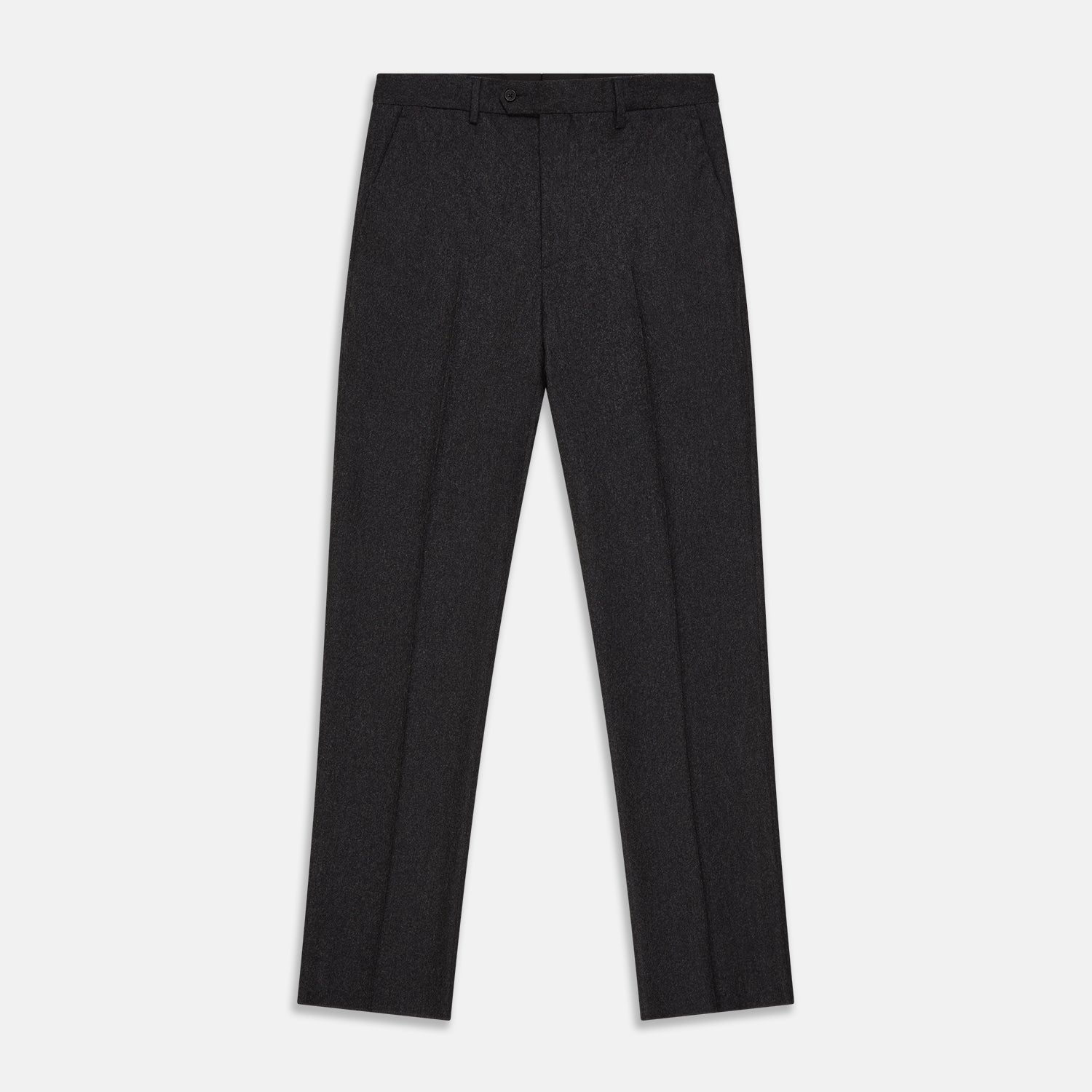 View 1 of product Turnbull & Asser Charcoal Black Wool Manson Trousers feature a tailored fit, front crease, belt loops, and side pockets, crafted from premium virgin wool and shown against a plain white background.