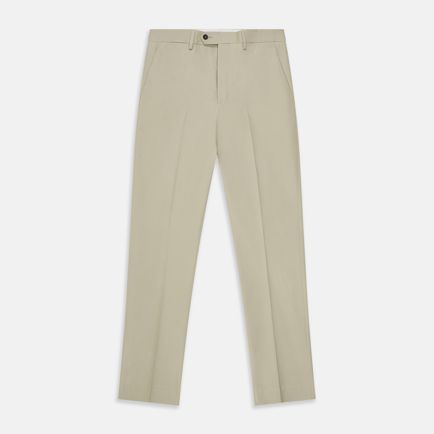 View 1 of product Turnbull & Asser Cream Cotton Manson Trousers feature a straight-leg fit, front button and zipper closure, belt loops, side pockets, and a pressed crease down each leg, shown against a white background.