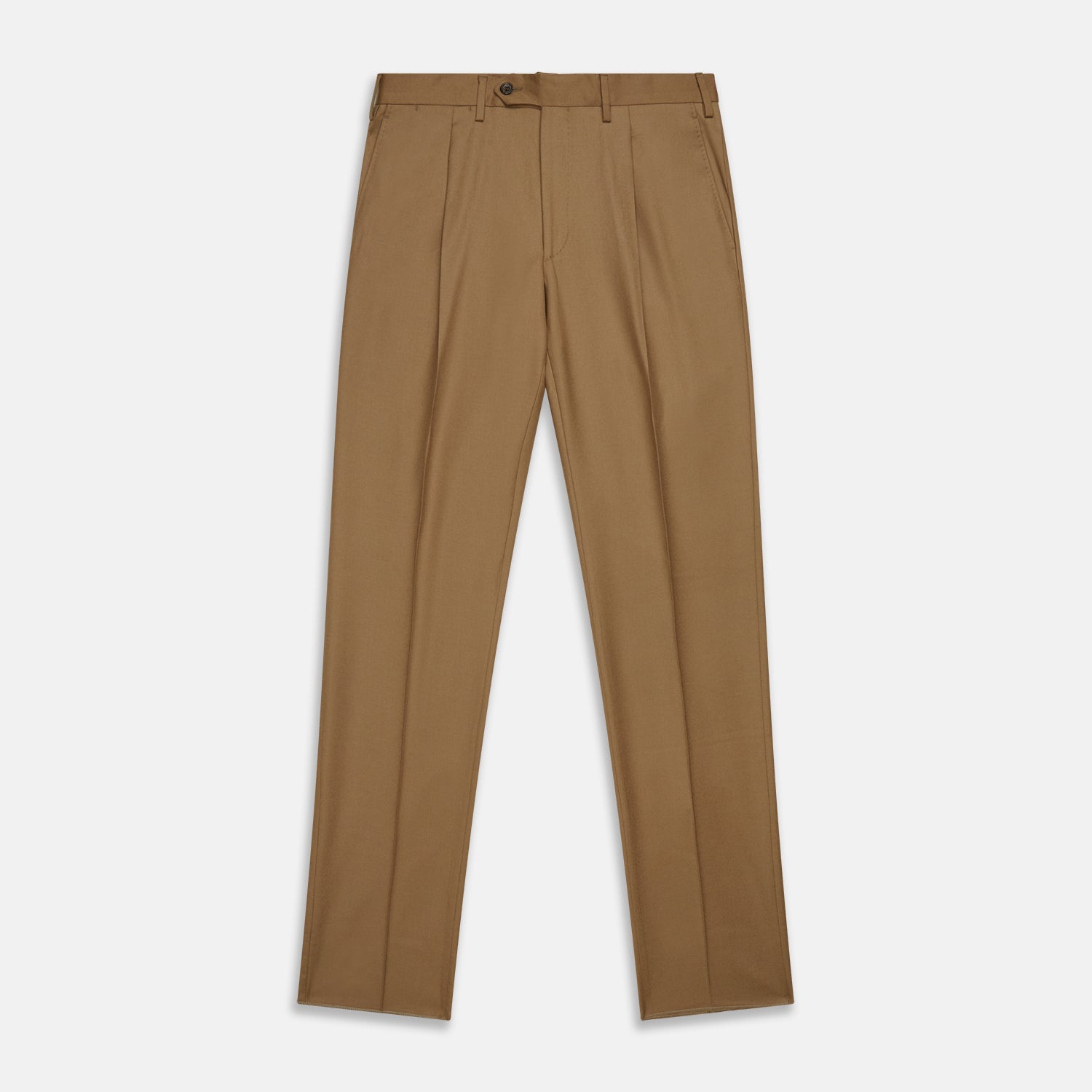 View 1 of product Turnbull & Asser Brown Wool Single Pleat Gerry Trousers with a classic fit, front pleats, belt loops, and side pockets are laid flat on a white background.