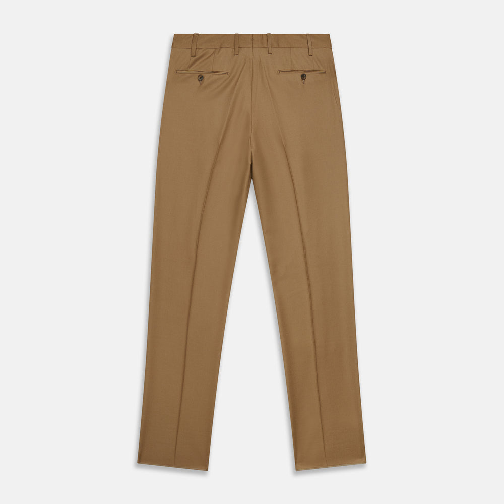 Turnbull & Asser Brown Wool Single Pleat Gerry Trousers with a classic fit, front pleats, belt loops, and side pockets are laid flat on a white background.
