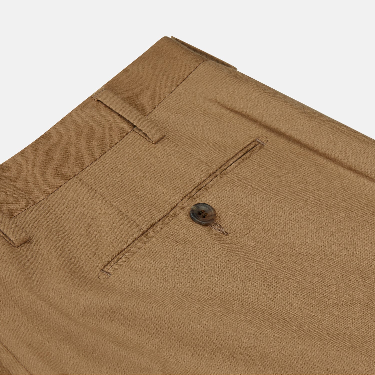 View 2 of product Turnbull & Asser Brown Wool Single Pleat Gerry Trousers with a classic fit, front pleats, belt loops, and side pockets are laid flat on a white background.