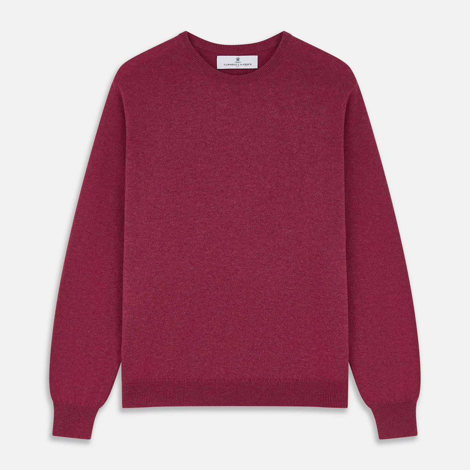 View 1 of product The Turnbull & Asser Soft Burgundy Cashmere Glenn Jumper, a menswear essential with long sleeves and a crew neck in solid dark red, is laid flat on a white background.