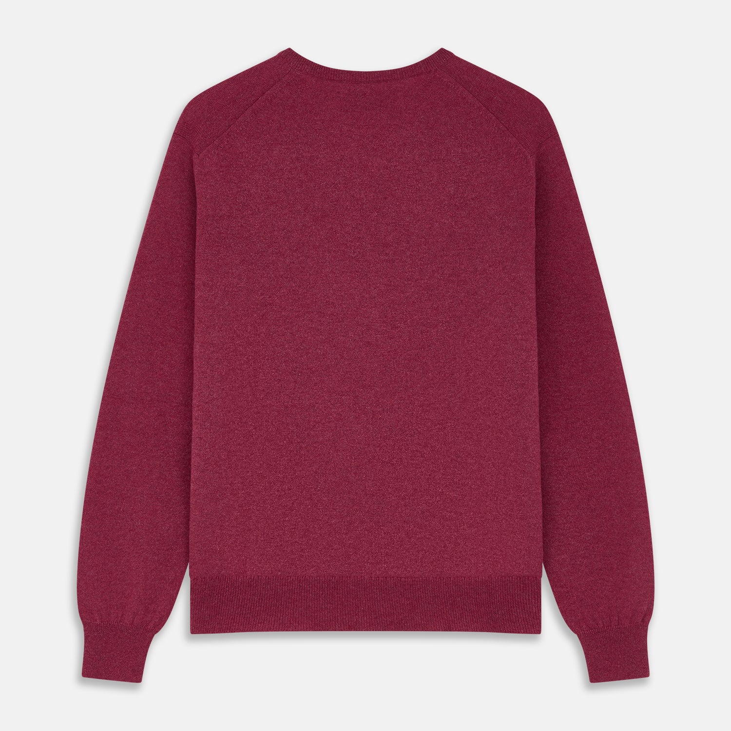 View 3 of product The Turnbull & Asser Soft Burgundy Cashmere V-neck Paden Jumper is displayed flat on a white background, showing off its soft texture and subtle ribbed cuffs and hem.