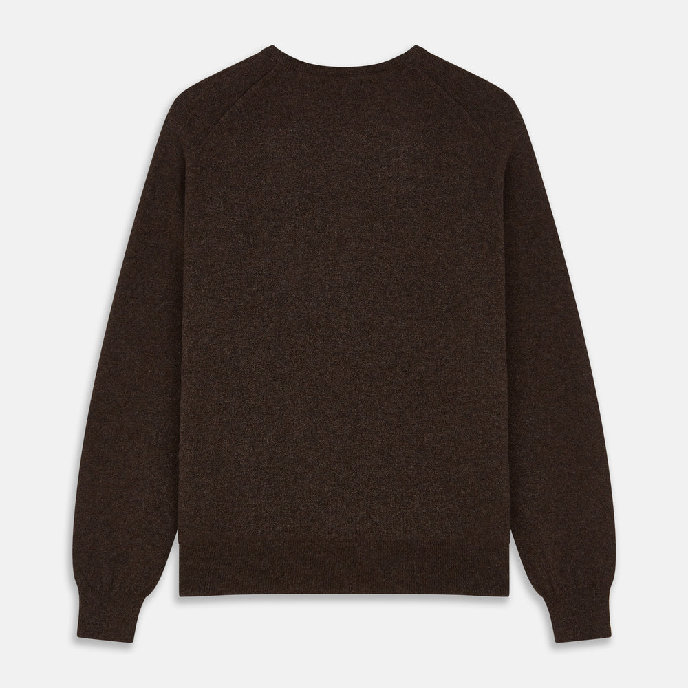 The Brown Cashmere V-neck Paden Jumper by Turnbull & Asser is laid flat on a white background, showcasing its classic design with long sleeves, ribbed cuffs, and hem—perfect for versatile styling.