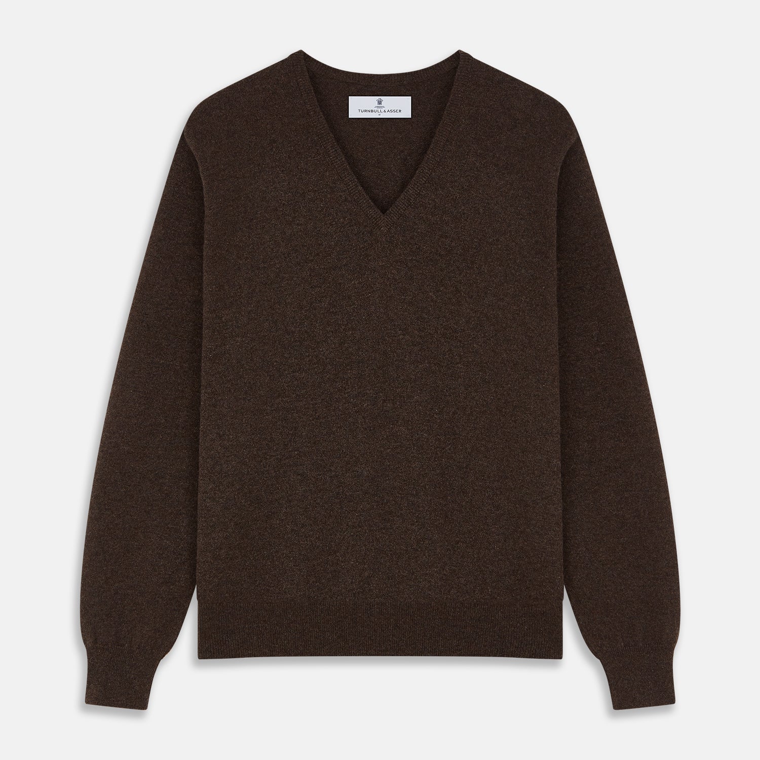 View 1 of product The Brown Cashmere V-neck Paden Jumper by Turnbull & Asser is laid flat on a white background, showcasing its classic design with long sleeves, ribbed cuffs, and hem—perfect for versatile styling.