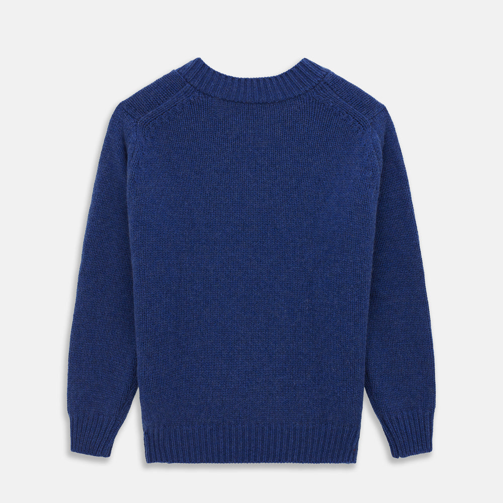 Turnbull & Asser's Marine Blue Cashmere Edwards V-Neck Jumper is inspired by vintage cricket sweaters, featuring ribbed cuffs, hem, and neckline. Shown against a plain white background.