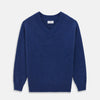 View 1 of product Turnbull & Asser's Marine Blue Cashmere Edwards V-Neck Jumper is inspired by vintage cricket sweaters, featuring ribbed cuffs, hem, and neckline. Shown against a plain white background.