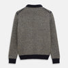 View 3 of product The Turnbull & Asser Navy and White Wool Blend Billy Jumper features a small checkered pattern with ribbed black collar, cuffs, and hem. Shown laid flat on a white background.