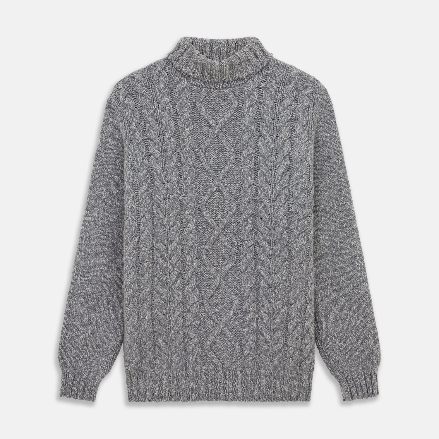 View 1 of product The Oatmeal Cashmere Melange Clark Roll Neck Jumper by Turnbull & Asser features a high roll-neck, long sleeves, and a textured cable knit front, crafted from a soft cashmere blend.