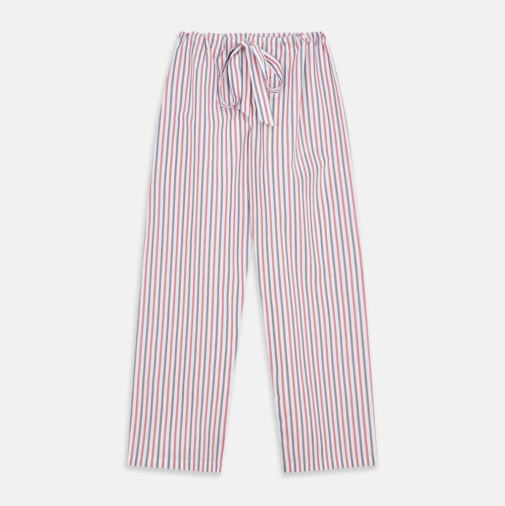 The Turnbull & Asser Red and Blue Stripe Cotton Quin Pyjamas feature a collared, long-sleeve button-up top with black piping and chest pocket, paired with matching striped pants for luxurious comfort and style.