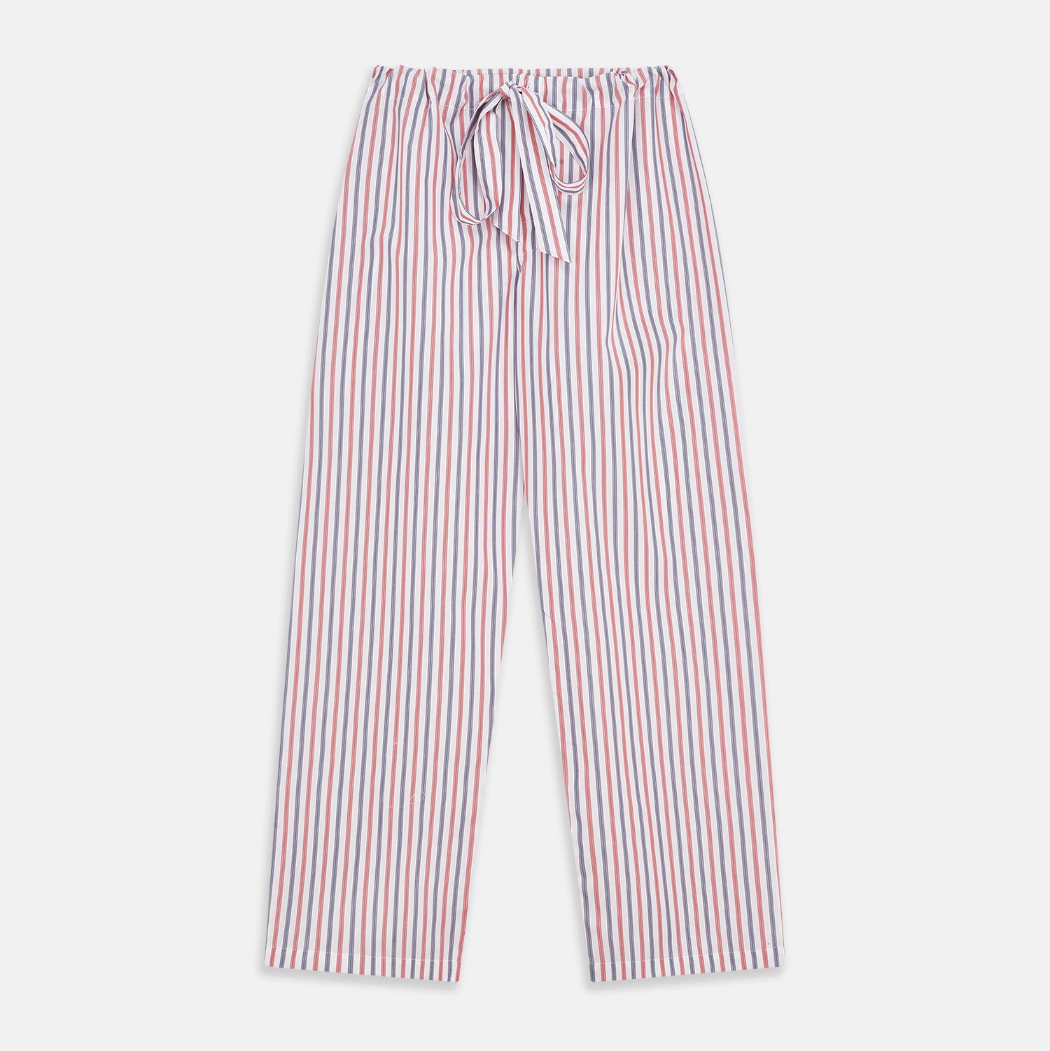 View 5 of product The Turnbull & Asser Red and Blue Stripe Cotton Quin Pyjamas feature a collared, long-sleeve button-up top with black piping and chest pocket, paired with matching striped pants for luxurious comfort and style.