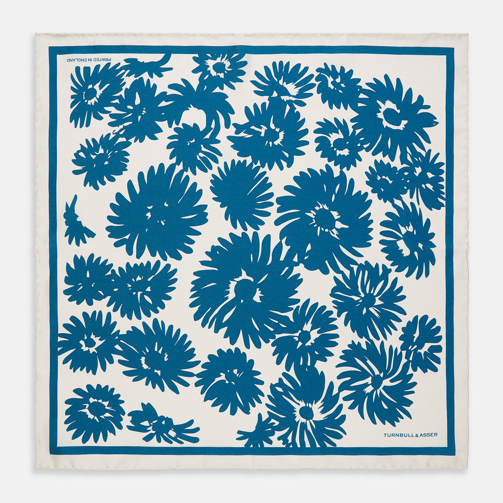 Cream and Pastel Blue Sketched Flowers Silk Pocket Square