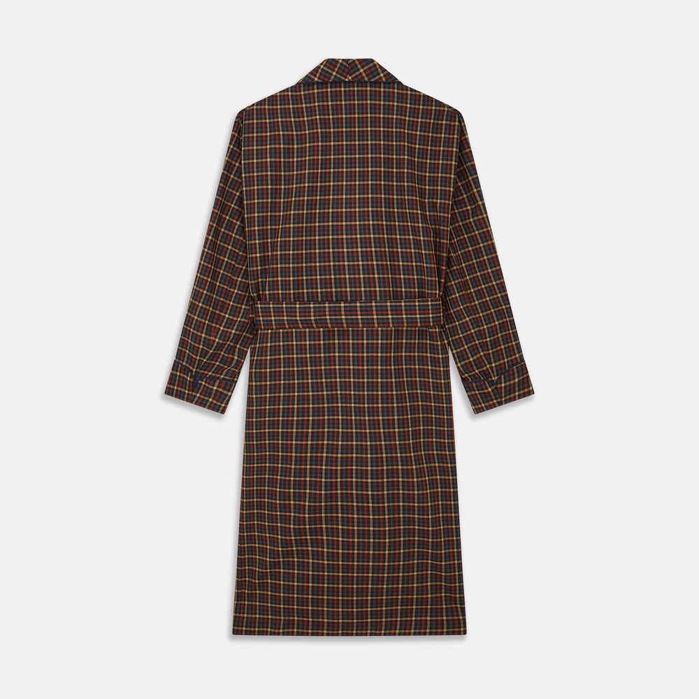 The Blue, Yellow, and Red Multi Check Wool Arnold Gown by Turnbull & Asser features a shawl collar, long sleeves, and matching belt in a plaid pattern. Luxury loungewear is displayed against a white background.