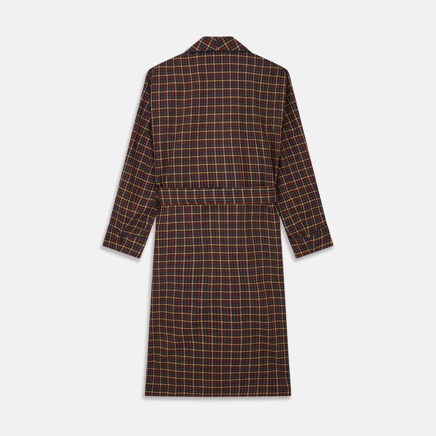 View 4 of product The Blue, Yellow, and Red Multi Check Wool Arnold Gown by Turnbull & Asser features a shawl collar, long sleeves, and matching belt in a plaid pattern. Luxury loungewear is displayed against a white background.