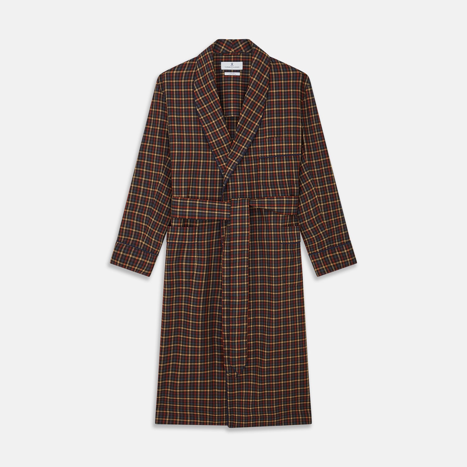 View 1 of product The Blue, Yellow, and Red Multi Check Wool Arnold Gown by Turnbull & Asser features a shawl collar, long sleeves, and matching belt in a plaid pattern. Luxury loungewear is displayed against a white background.
