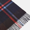 View 2 of product The Turnbull & Asser Deep Navy and Rich Brown Check Cashmere Scarf features a classic plaid pattern with fringed ends—an elegant winter accessory, beautifully shown against a white background.