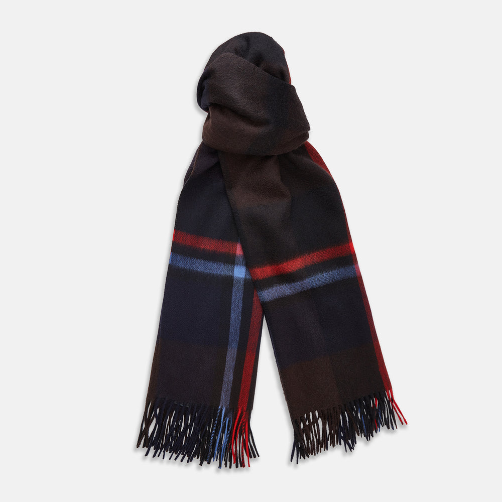 The Turnbull & Asser Deep Navy and Rich Brown Check Cashmere Scarf features a classic plaid pattern with fringed ends—an elegant winter accessory, beautifully shown against a white background.