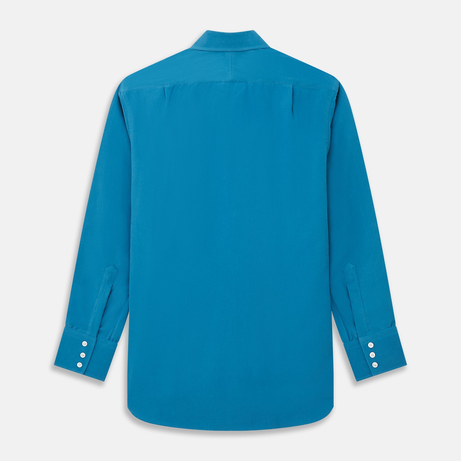 View 5 of product The Turnbull & Asser Blue Silk Regular Fit Mayfair Shirt features long sleeves, a pointed collar, and white buttons in a solid bright blue; displayed flat on a white background.