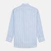 View 5 of product The Turnbull & Asser Pale Blue and Green Halo Stripe Cotton Regular Fit Mayfair Shirt features subtle stripes, long sleeves, a signature T&A collar, and cuffed sleeves, shown against a white background.