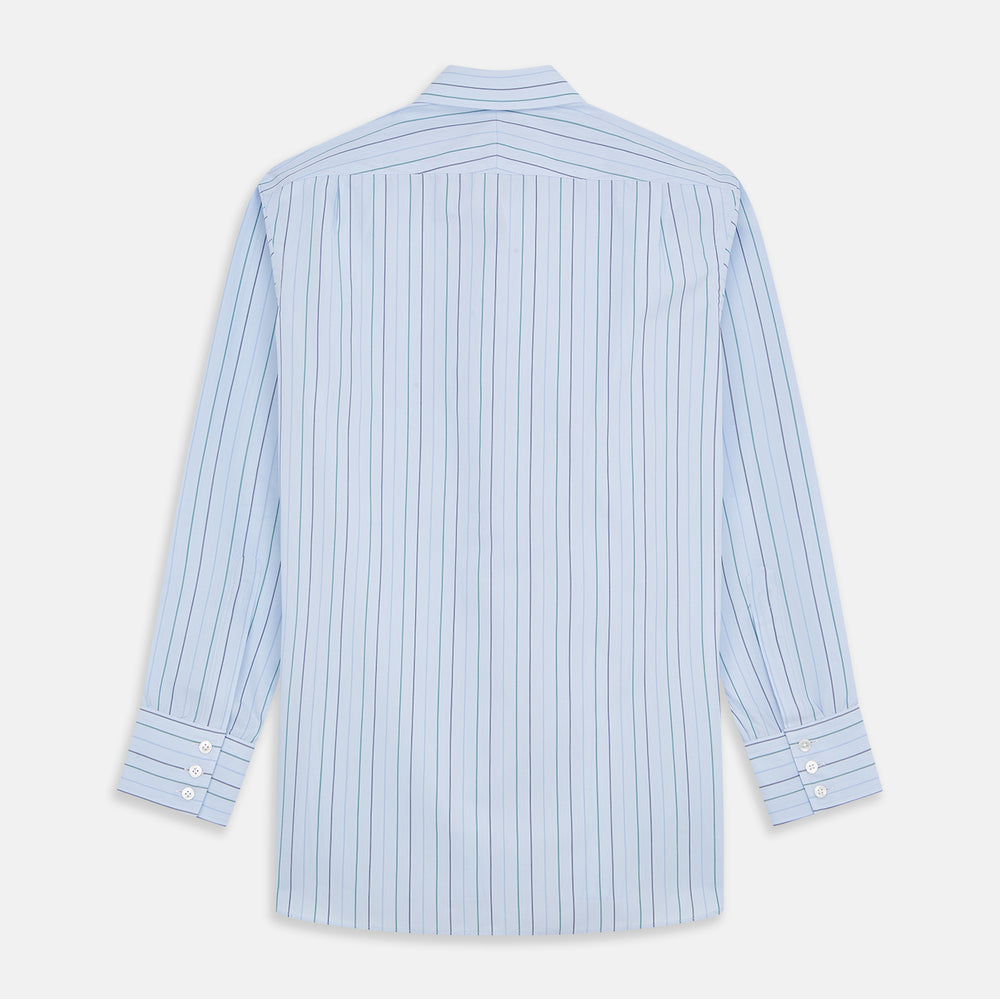 The Turnbull & Asser Pale Blue and Green Halo Stripe Cotton Regular Fit Mayfair Shirt features subtle stripes, long sleeves, a signature T&A collar, and cuffed sleeves, shown against a white background.