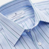 View 3 of product The Turnbull & Asser Pale Blue and Green Halo Stripe Cotton Regular Fit Mayfair Shirt features subtle stripes, long sleeves, a signature T&A collar, and cuffed sleeves, shown against a white background.