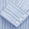 View 4 of product The Turnbull & Asser Pale Blue and Green Halo Stripe Cotton Regular Fit Mayfair Shirt features subtle stripes, long sleeves, a signature T&A collar, and cuffed sleeves, shown against a white background.