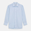 View 1 of product The Turnbull & Asser Pale Blue and Green Halo Stripe Cotton Regular Fit Mayfair Shirt features subtle stripes, long sleeves, a signature T&A collar, and cuffed sleeves, shown against a white background.