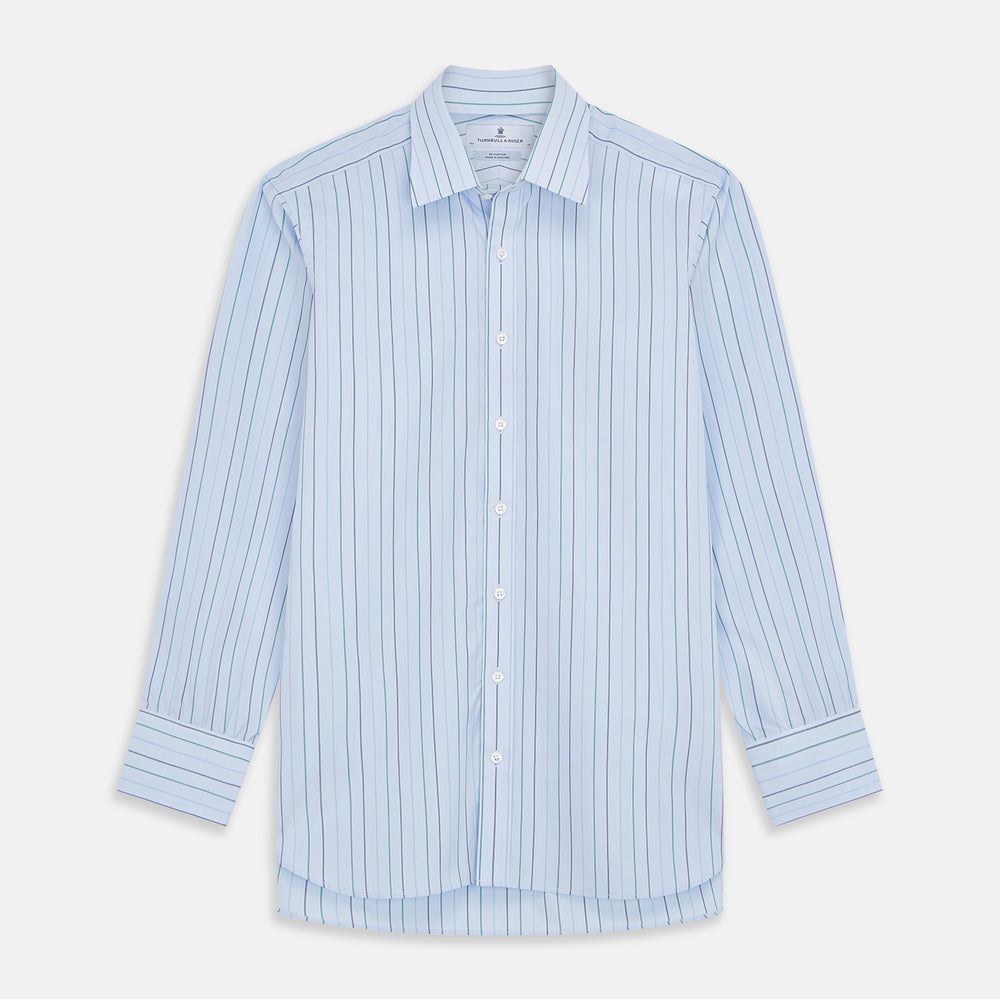 The Turnbull & Asser Pale Blue and Green Halo Stripe Cotton Regular Fit Mayfair Shirt features subtle stripes, long sleeves, a signature T&A collar, and cuffed sleeves, shown against a white background.