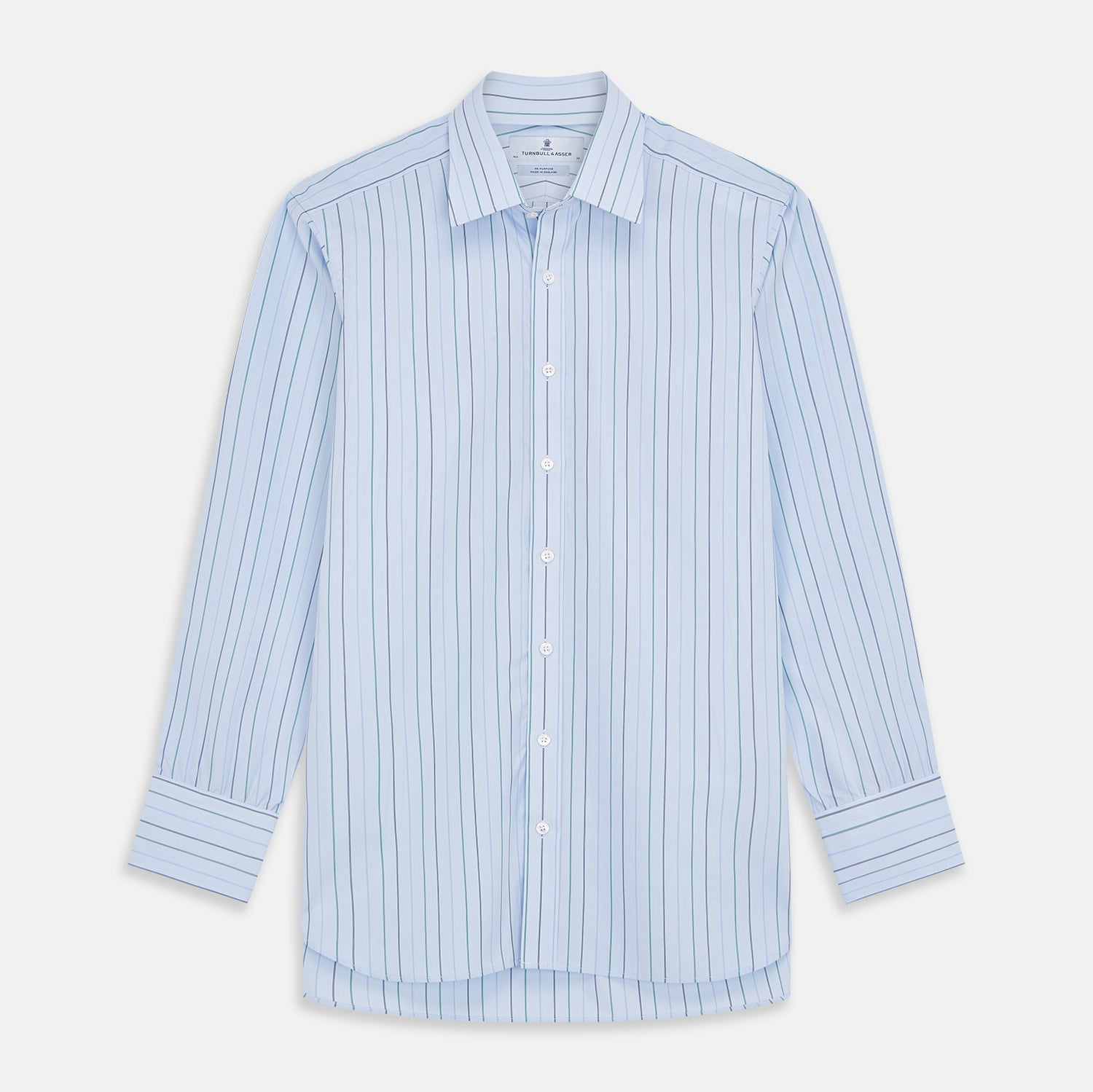 View 1 of product The Turnbull & Asser Pale Blue and Green Halo Stripe Cotton Regular Fit Mayfair Shirt features subtle stripes, long sleeves, a signature T&A collar, and cuffed sleeves, shown against a white background.