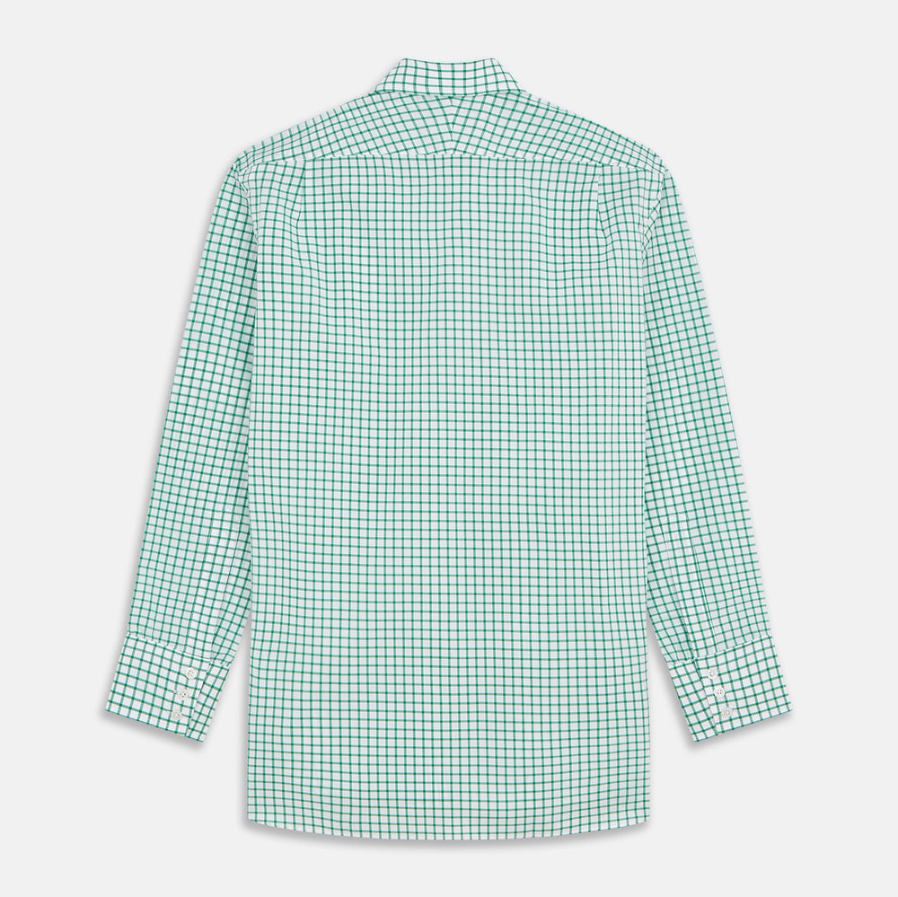 The Turnbull & Asser Green Check Cotton Regular Fit Mayfair Shirt features a green and blue check pattern on white, shown laid flat against a plain white background—a classic, versatile pick for any men’s wardrobe.