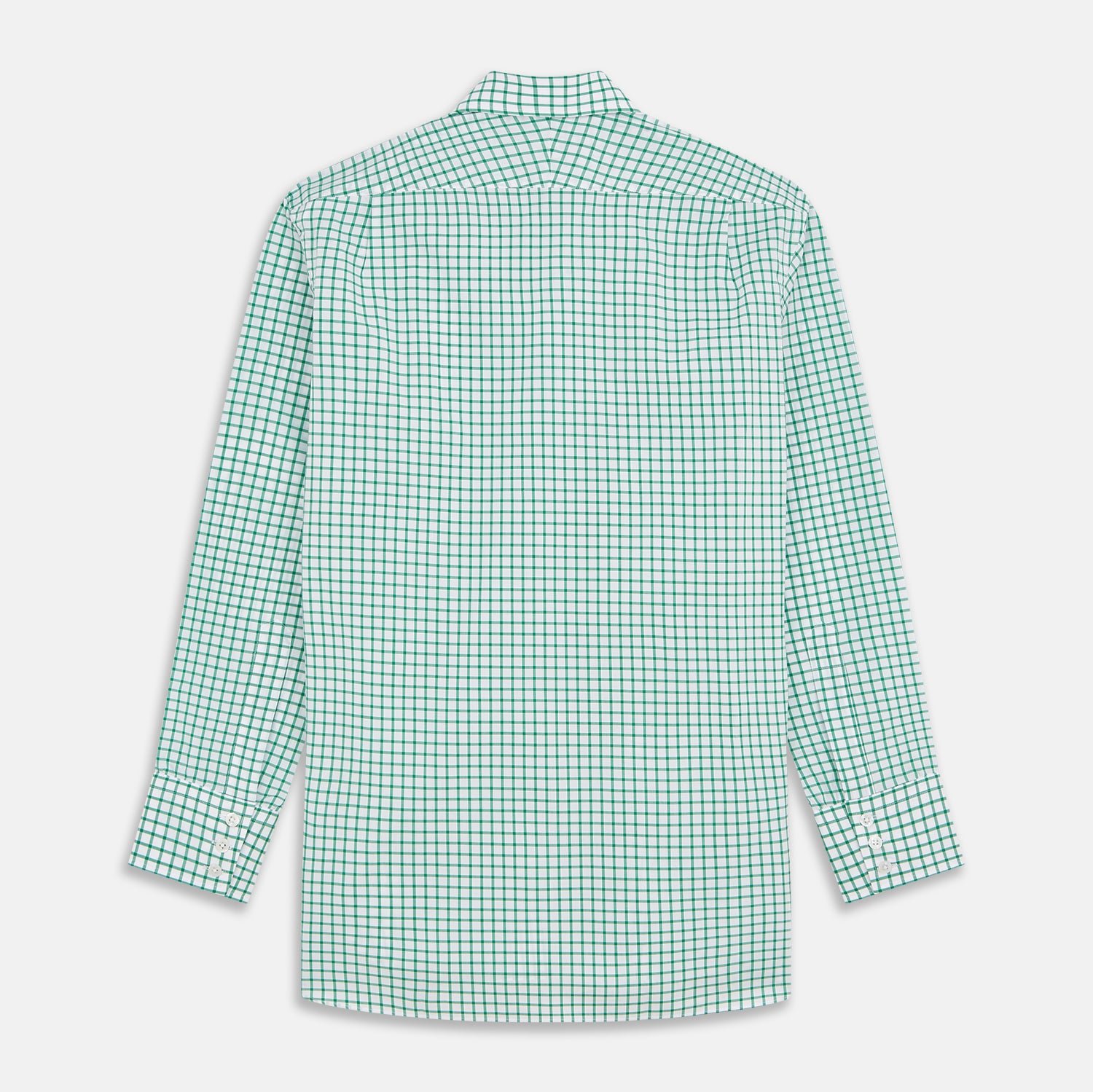 View 5 of product The Turnbull & Asser Green Check Cotton Regular Fit Mayfair Shirt features a green and blue check pattern on white, shown laid flat against a plain white background—a classic, versatile pick for any men’s wardrobe.