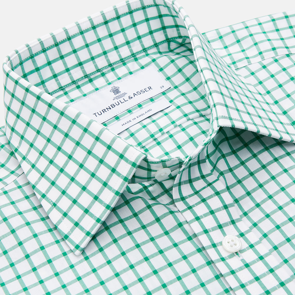 The Turnbull & Asser Green Check Cotton Regular Fit Mayfair Shirt features a green and blue check pattern on white, shown laid flat against a plain white background—a classic, versatile pick for any men’s wardrobe.