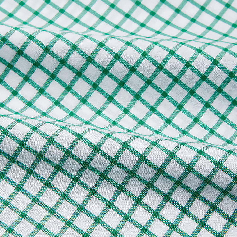The Turnbull & Asser Green Check Cotton Regular Fit Mayfair Shirt features a green and blue check pattern on white, shown laid flat against a plain white background—a classic, versatile pick for any men’s wardrobe.