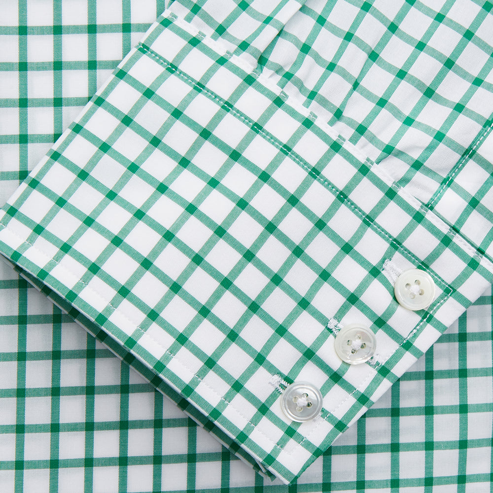 The Turnbull & Asser Green Check Cotton Regular Fit Mayfair Shirt features a green and blue check pattern on white, shown laid flat against a plain white background—a classic, versatile pick for any men’s wardrobe.