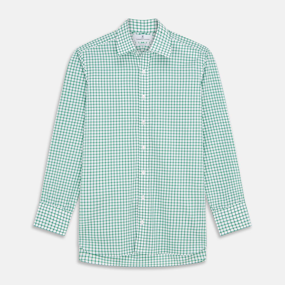 The Turnbull & Asser Green Check Cotton Regular Fit Mayfair Shirt features a green and blue check pattern on white, shown laid flat against a plain white background—a classic, versatile pick for any men’s wardrobe.