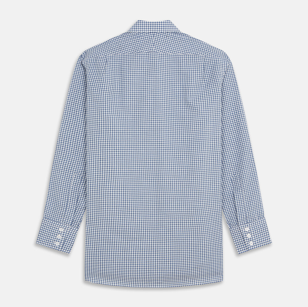 The Turnbull & Asser Blue Gingham Check Cotton Melange Regular Fit Mayfair Shirt features long sleeves, a classic T&A collar, neatly finished cuffs, and a stylish blue gingham check pattern.