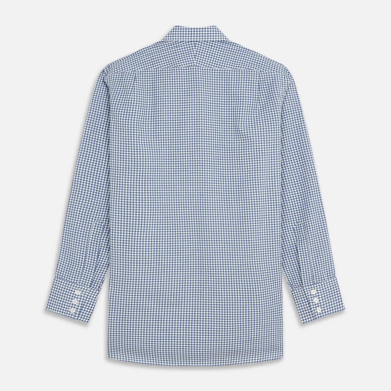 View 5 of product The Turnbull & Asser Blue Gingham Check Cotton Melange Regular Fit Mayfair Shirt features long sleeves, a classic T&A collar, neatly finished cuffs, and a stylish blue gingham check pattern.