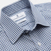 View 3 of product The Turnbull & Asser Blue Gingham Check Cotton Melange Regular Fit Mayfair Shirt features long sleeves, a classic T&A collar, neatly finished cuffs, and a stylish blue gingham check pattern.