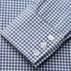 View 4 of product The Turnbull & Asser Blue Gingham Check Cotton Melange Regular Fit Mayfair Shirt features long sleeves, a classic T&A collar, neatly finished cuffs, and a stylish blue gingham check pattern.
