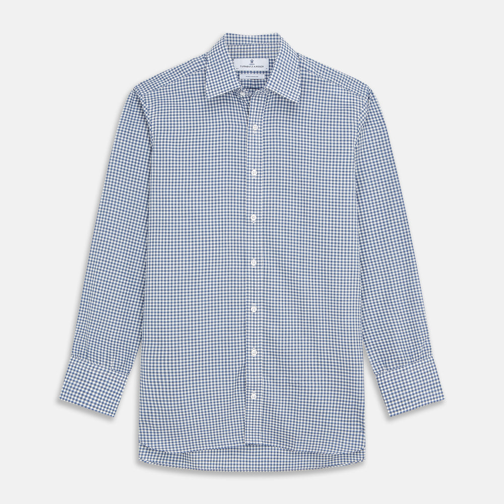 The Turnbull & Asser Blue Gingham Check Cotton Melange Regular Fit Mayfair Shirt features long sleeves, a classic T&A collar, neatly finished cuffs, and a stylish blue gingham check pattern.