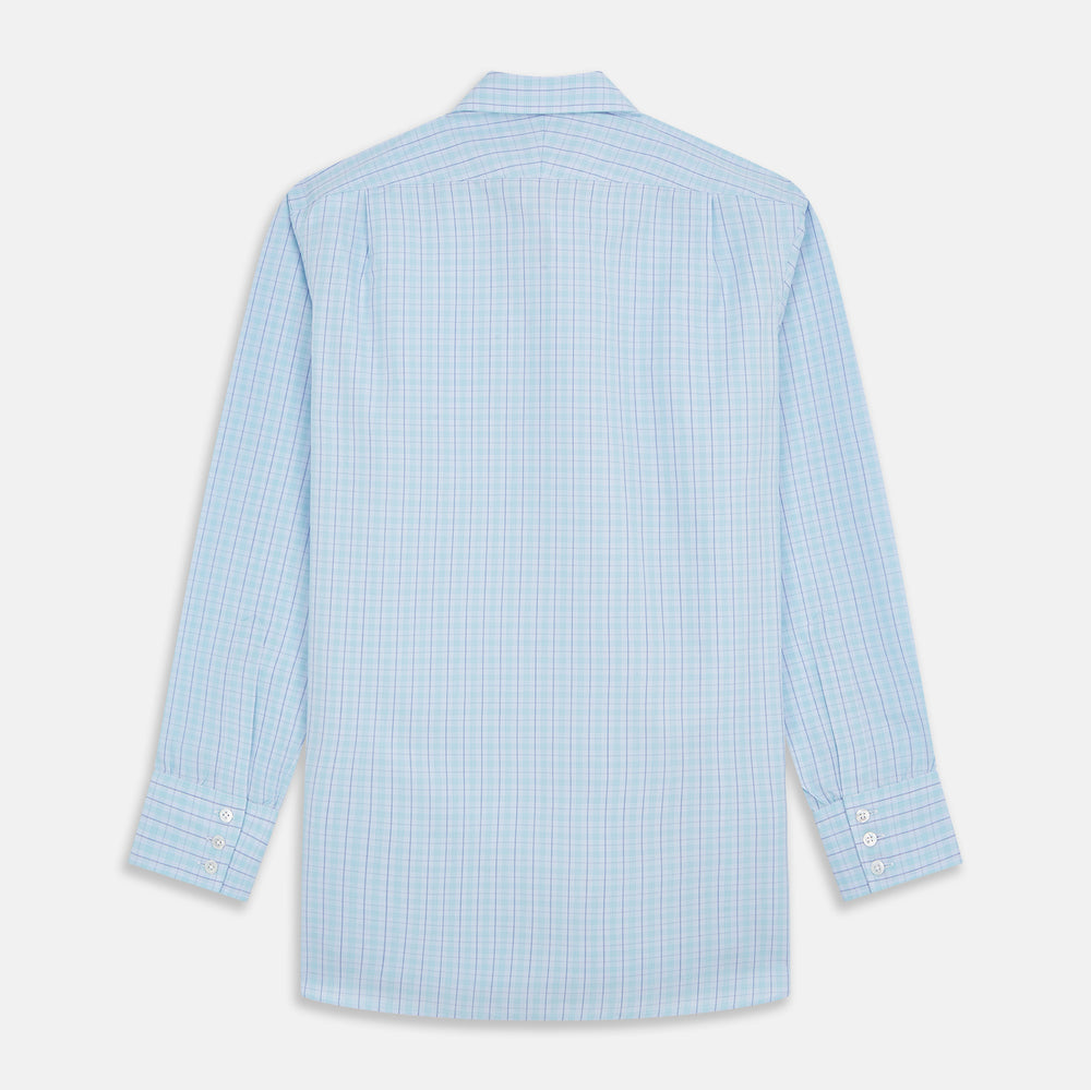 The Turnbull & Asser Pale Blue and Green Multi Check Cotton Regular Fit Mayfair Shirt features a classic collar, long sleeves, white buttons, and a subtle checkered pattern—an essential for any men’s wardrobe, shown on a plain white background.